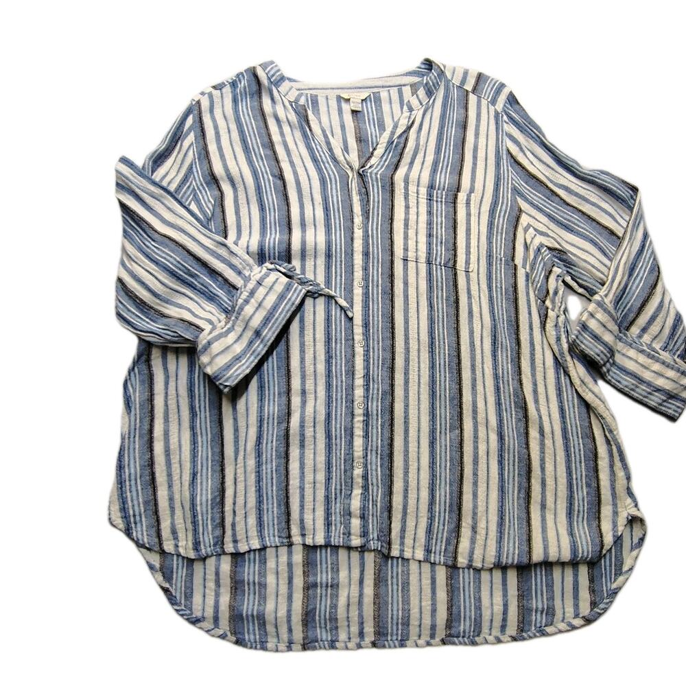Beach Anthropologie Linen Blend Blouse Women's 26/28 Blue Stripe Button Up Plus